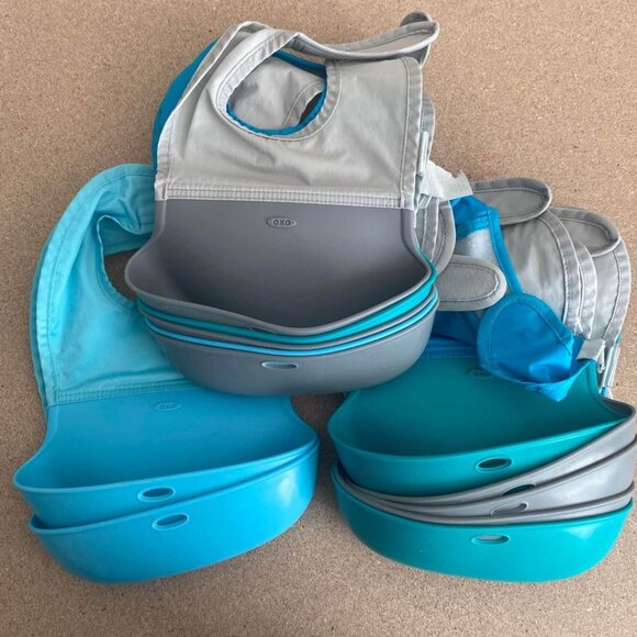 EZPZ Other - EZPZ silicone bibs in blue, teal and grey, set of 12; velcro closure